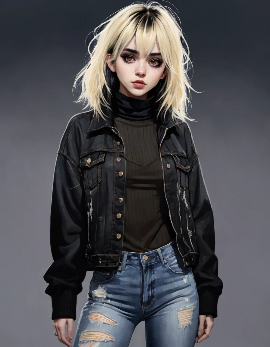 (best quality), 1girl, female, pale skin, (black hair), blonde ombre, medium hair, messy hair, messy bangs, hair over eyes, (brown eyes), perfect eyes, dark circles under eyes, skinny body, flat chest, goth girl, oversized jacket, turtleneck, ripped jeans, childish, masterpiece, anatomically correct, highres
