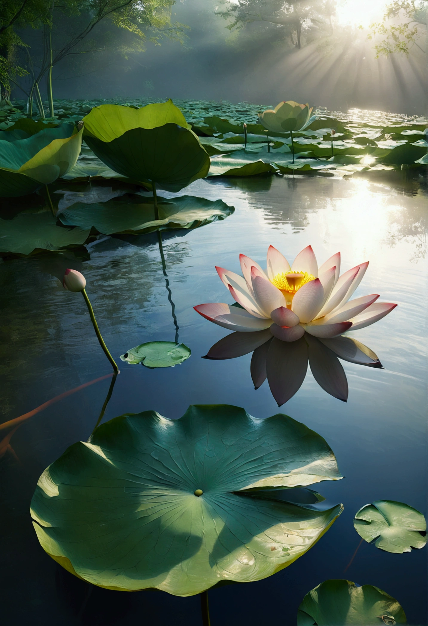 leaf, lotus, water, Foggy and mysterious,Ray Tracing, Ultra HD, Retina, masterpiece, precise, Super Detail, Anatomically correct, High Detail, high quality, The award-winning, best quality, high resolution, 16K