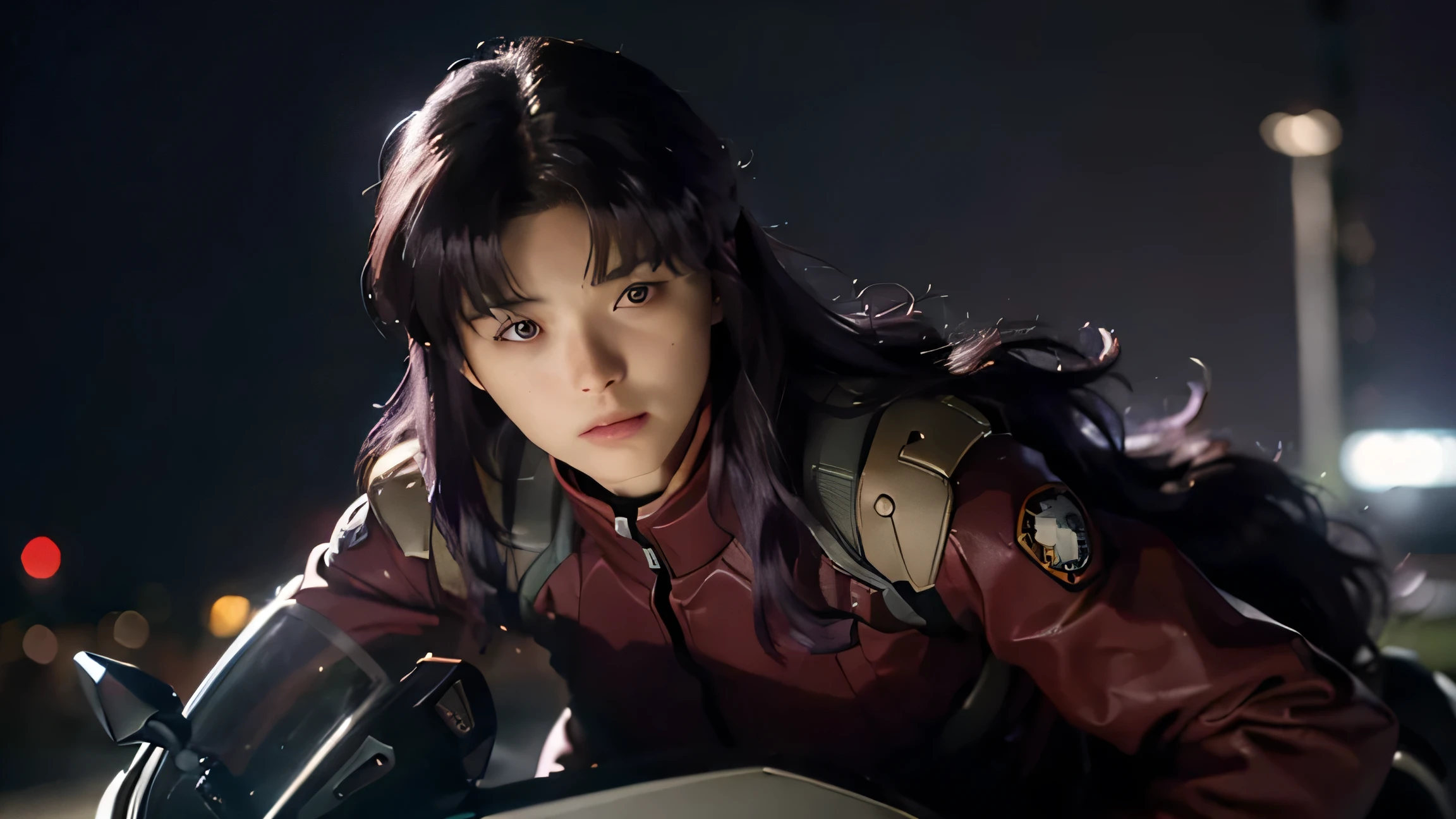 details, detailed skin texture, detailed cloth texture, beautiful detailed face, ultra detailed, ultra high res, raw photo, (misato katsuragi), long hair, (brown eyes:1.5), (purple hair:1.2), (parted bangs:1.5), sidelocks, tall, milf, (mature female:1.2), (30 years old、very cute super model:1.2), shot on leica, super big, natural proportions, (accurate anatomy body: 1.5), Curvy physique, Thick body, looking_at_viewer, dressed in a dark red mecha body conforming suit, wearing a mecha headset, riding on a motorcycle, the background is a high-tech lighting scene of the future city, solo, japanese girl, (Full Body View), in the dark, deep shadow, low key, cold light, (photorealistic:1.4), masterpiece, best quality, 8k, Best quality, masterpiece