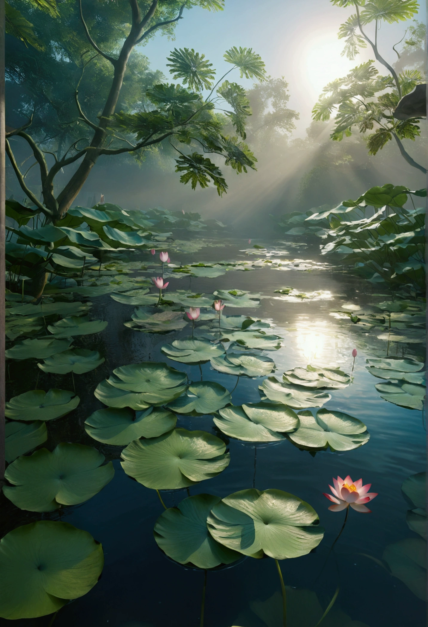 leaf, lotus, water, Foggy and mysterious,Ray Tracing, Ultra HD, Retina, masterpiece, precise, Super Detail, Anatomically correct, High Detail, high quality, The award-winning, best quality, high resolution, 16K