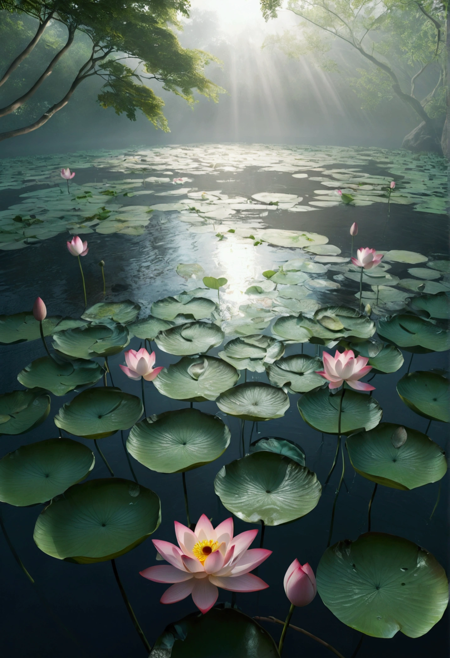 leaf, Multiple lotus flowers, water, Foggy and mysterious,Ray Tracing, Ultra HD, Retina, masterpiece, precise, Super Detail, Anatomically correct, High Detail, high quality, The award-winning, best quality, high resolution, 16K