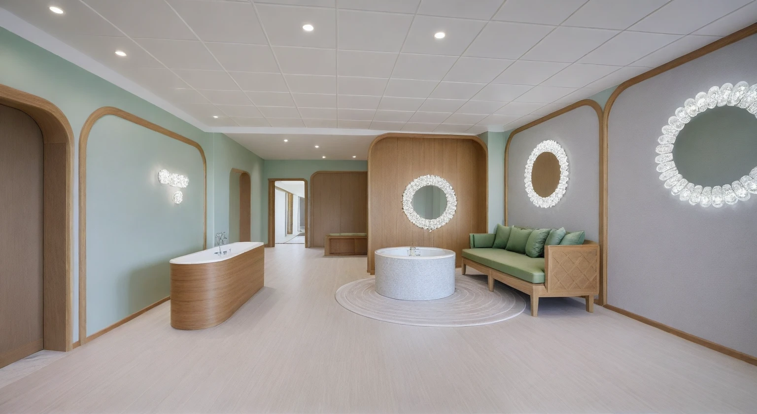 Prompt: Raw photo(masterpiece) , ((best quality)),dramatic lighting, high quality, authentic,high resolution, super detail, highly detailed,Photorealistic,Clean lines, indoors, ( white bright natural oak wooden interior ) , (( spa and beauty center :1.3)), modern style, daylight, (GREEN TONE : 1.7 ) ,white marble tile floor, ((( white ceiling : 1.7 ))), sofa with reception, glass