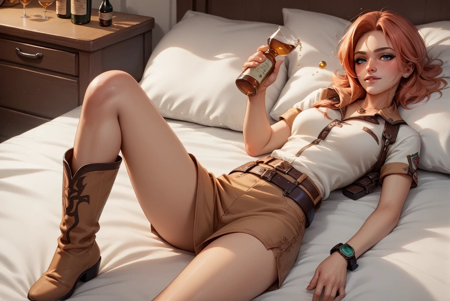 Gemini Sunrise,Western belt with holster,Western Boots,Watch on wrist,Drunk,Sexy face,Above the knee shot,Hiccups,Lying in bed,Ultra high definition,16K