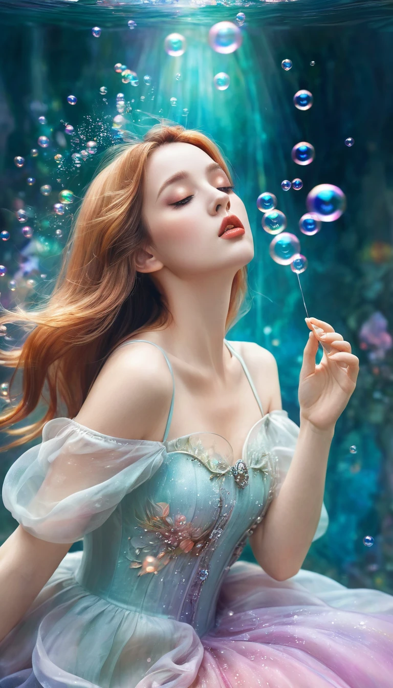 A painting，The painting shows a woman in a dress blowing bubbles, Loish and WLOP, ethereal bubbles, Mobis + Loish + WLOP, Dreamy and detailed, intricate WLOP, closeup fantasy with water magic, fairytale artwork, fairytale painting, Anna Dittmann (Anna Dittmann) style, WLOP art, Realistic fantasy, Artgerm Julie Bell Beeple