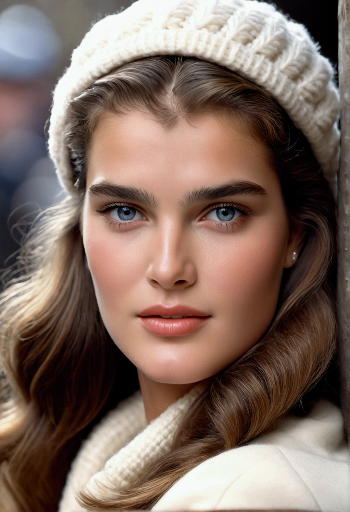  Young 16 year old Brooke shields ((looking very beautiful)) ((((very beautiful face)))) (((in cold wearing white woolen cap ))) ((blur eyes)) (( looking absolutely like brooke Shields))