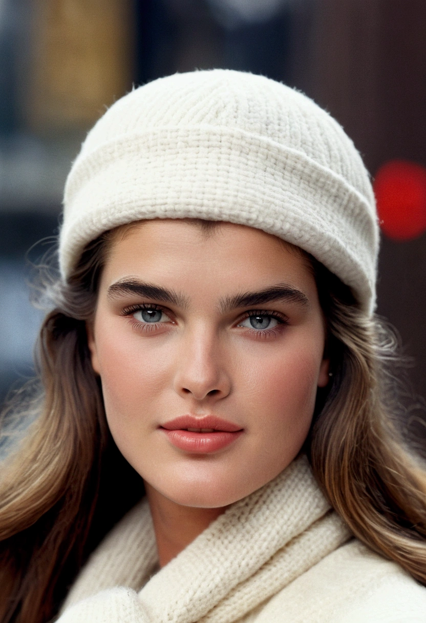 Young 16 year old Brooke shields ((looking very beautiful)) ((((very beautiful face)))) (((in cold wearing white woolen cap ))) ((blur eyes)) (( looking absolutely like brooke Shields))