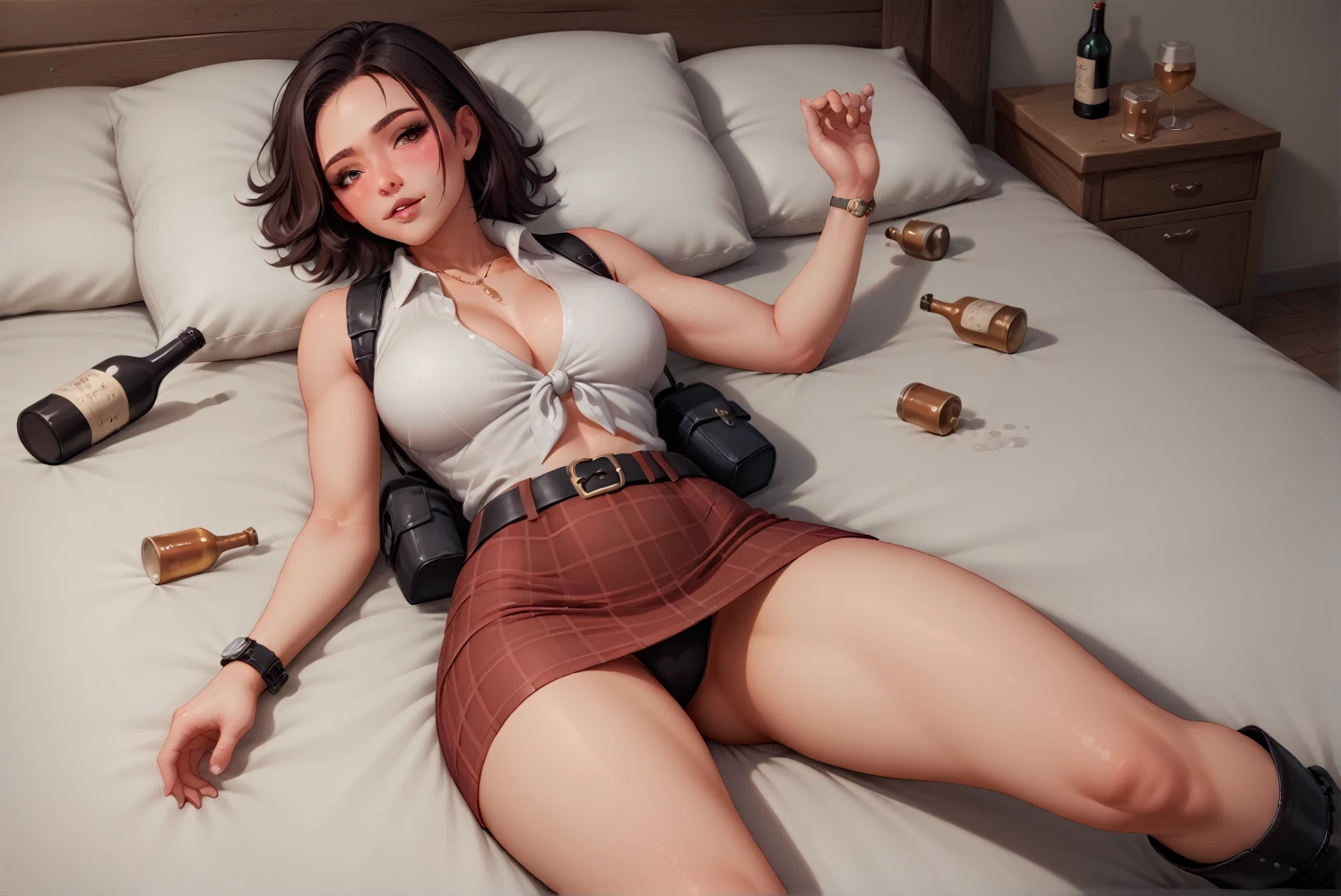 Cowgirl Costume,Wearing a sleeveless collared shirt, Plaid, Front tie shirt,Ultra mini skirt,Western belt with holster,Western Boots,Watch on wrist,Drunk,Sexy face,Above the knee shot,Strong hiccups,Lying in bed,Ultra high definition,16K