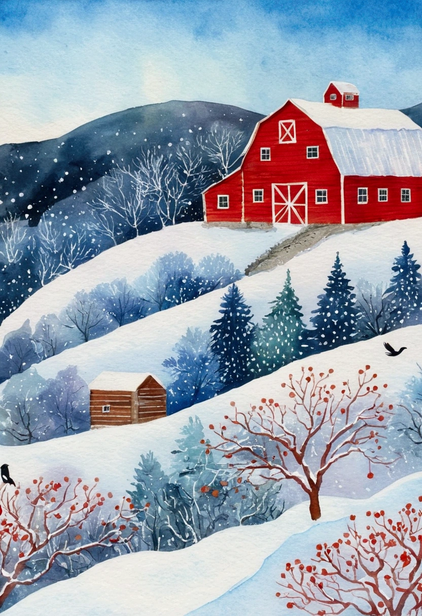 A painting depicting a snowy scene，The painting shows a red barn and a bird, Watercolor Painting Inspired by Grandma Moses, shutter, Childish Art, Jane Newland, winter, 格雷格·鲁特科斯基 winter, 充满活力的Gouache风景, illustration, 水粉illustration, Winter Vitality, Gouache, Gouache细节, Winter scene, winter landscape