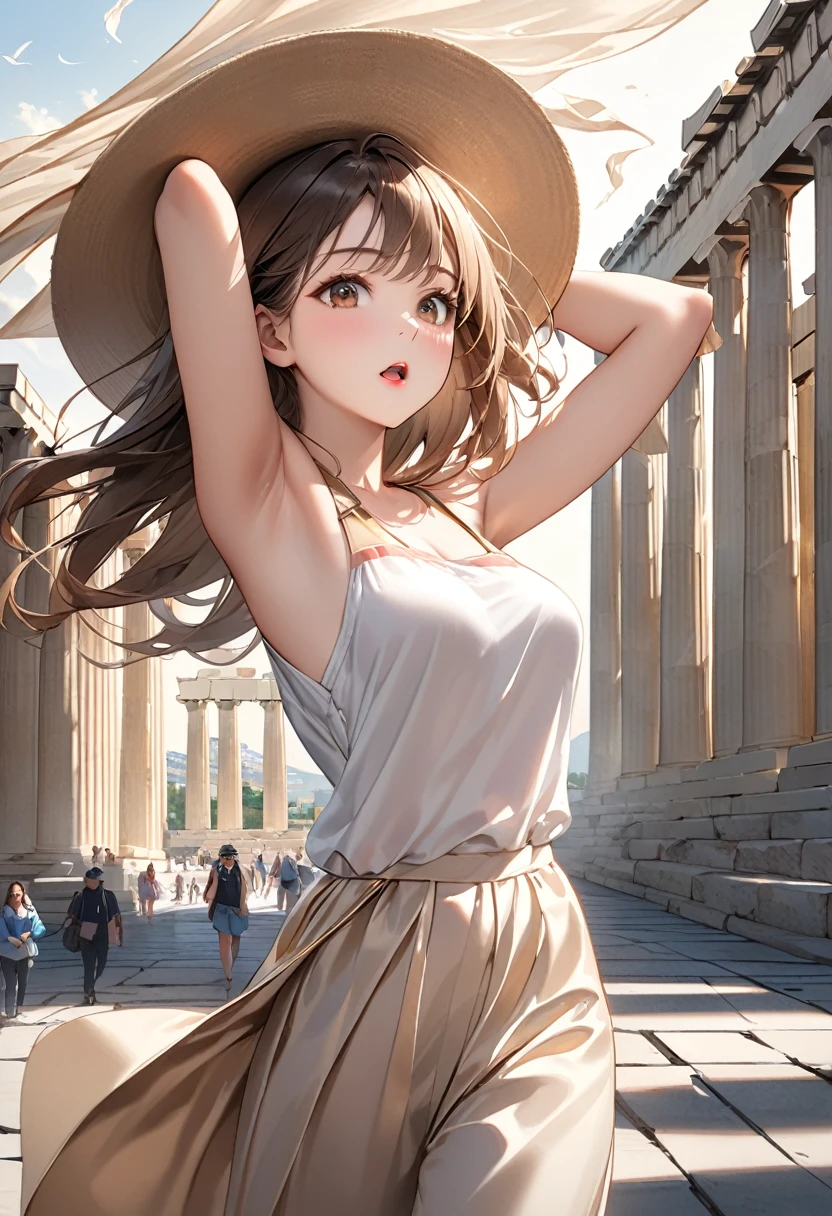 Highest quality, masterpiece, Ultra-high resolution, Realistic:1.2, RAW Photos, Intricate details, Portraiture, Big beautiful brown eyes:1.2, Perfect contours, Perfect proportions:1.2, One Girl, break ((full body:1.2, ((side shot:1.5)), looking away:1.2)), ((petite, short, tiny girl:1.2)), Light Brown Hair、((long floating hair:1.2)), (makeup:1.2, full lips:1.3, pink lips:1.2, shiny lips:1.2), ((Tourists at the Parthenon:1.2, Highly glossy satin sleeveless shirt:1.3, Satin long pants, Low heels、Elegant decorated hat), break ((Arms above head、My hat seems to be blown away by the wind:1.3))、(Admired expression on face at artwork:1.2)、((Mouth slightly open:1.2))、 (The background is the Parthenon:1.2、A few tourists are walking), ((Gust of wind:1.2)), (armpit:1.2), (empty-handed)、