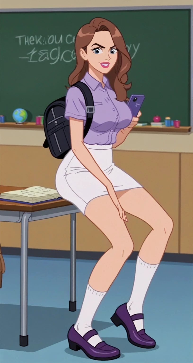 score_8_up, score_7_up, BREAK, screencap, 1girl, age, female, Courtney MacArthur, solo, long hair, purple heel shoes, peach skin, larger breast, bra size d, blunt fringes, brown hair, indoors, purple pencil skirt, short sleeves, purple shirt, purple and white stripper socks, purple tennis shoes, new york city, new york, pink lipstick, looking at viewer, smile, pose, large classrooms, chalkboard, students' desk, globe, textbooks, ruler, ink pen, notebooks, black purse, black backpack, smartphone, high school