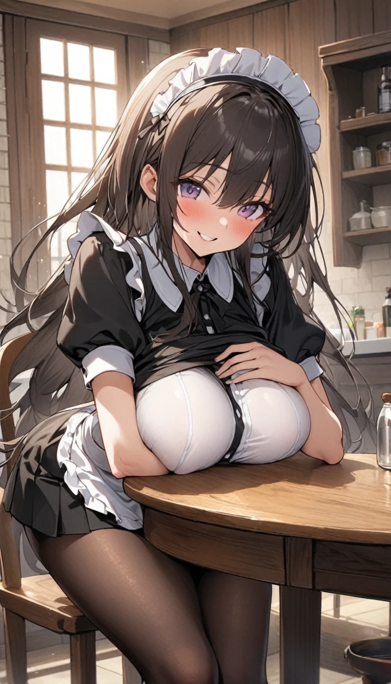One Woman、beautiful girl、Maid、20-year-old、Semi-long hair、Western-style building、Maidの制服、Maidカチューシャ、Short skirt、Black Pantyhose、Highest quality, smile,Big Breasts、Very large breasts、Put on the table、 Sink into the table、Put it on the table、breast enhancementアングル、胸肉をPut on the table、Put it on the table、Put your chest on the table、Poses that accentuate the chest、Sit on a chair、Put on the table、breast enhancement、Breasts buried in the table