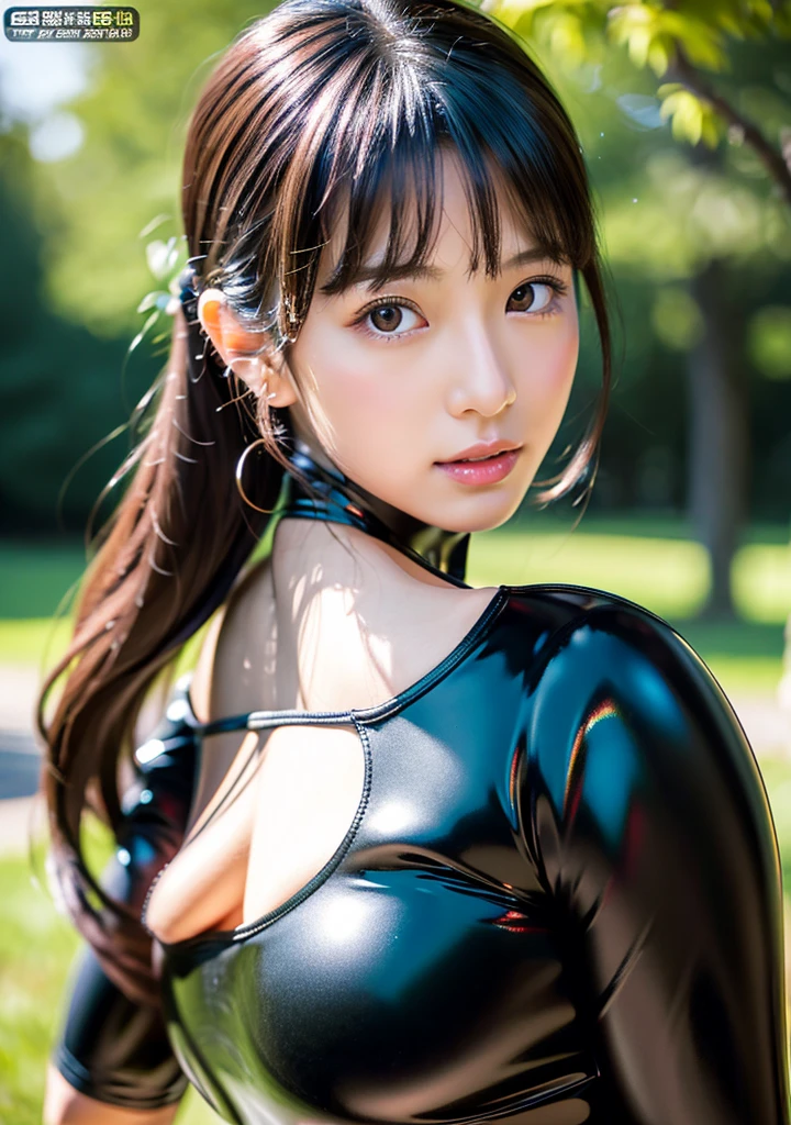 Rubber texture shiny black shirt、A shiny red tight mini skirt with a rubber texture、（Large Breasts:1.4)、Japanese、Gravure idol、Cute 18 year old girl,Black hair in a ponytail, masterpiece, 最high quality, 超high quality, high quality, High resolution, 超High resolution, Absurd, 4K, 8k, 16K, Very detailed, Realistic, photo Realistic, RAWphotograph, photograph, Super Fine Illustration,Beautiful Face、Realistic Face、(Ultra detailed hair)、(Ultra-detailed eyes)、Beautiful details、Realistic Skin、Perfect Anatomy、(Detailed skin)、Beautiful Skin、Charm、Ultra high definition、Ultra-realistic、Correct Anatomy, Perfect proportions