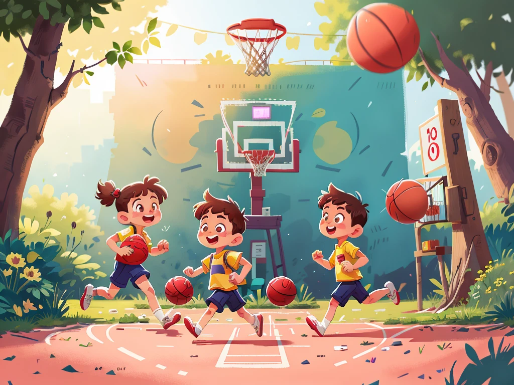 A running boy and a running ，School basketball court，play basketball，hapiness，rejoice，perfect quality，Be focused（Clutter - Home：0.8）， （masterpiece：1.2） （Realistically：1.2） （Bokeh） （Best quality） （Delicate skin：1.3） （Intricate details） （8K） （Delicate eyes） （Clear focus）,（Having fun）