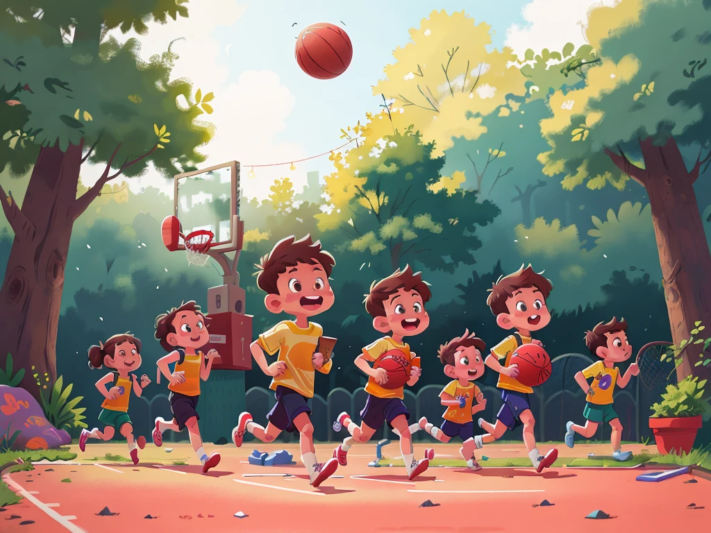 A running boy and a running ,School basketball court,play basketball,hapiness,rejoice,perfect quality,Be focused(Clutter - Home:0.8), (masterpiece:1.2) (Realistically:1.2) (Bokeh) (Best quality) (Delicate skin:1.3) (Intricate details) (8K) (Delicate eyes) (Clear focus),(Having fun)