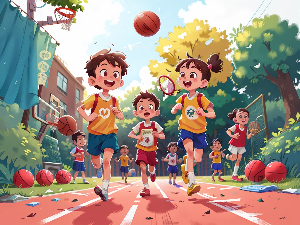 A running boy and a running ,School basketball court,play basketball,hapiness,rejoice,perfect quality,Be focused(Clutter - Home:0.8), (masterpiece:1.2) (Realistically:1.2) (Bokeh) (Best quality) (Delicate skin:1.3) (Intricate details) (8K) (Delicate eyes) (Clear focus),(Having fun)