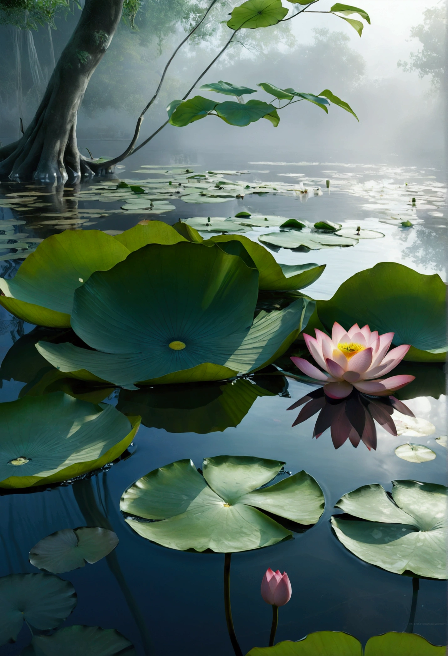 leaf, Multiple lotus flowers, water, Foggy and mysterious,Ray Tracing, Ultra HD, Retina, masterpiece, precise, Super Detail, Anatomically correct, High Detail, high quality, The award-winning, best quality, high resolution, 16K