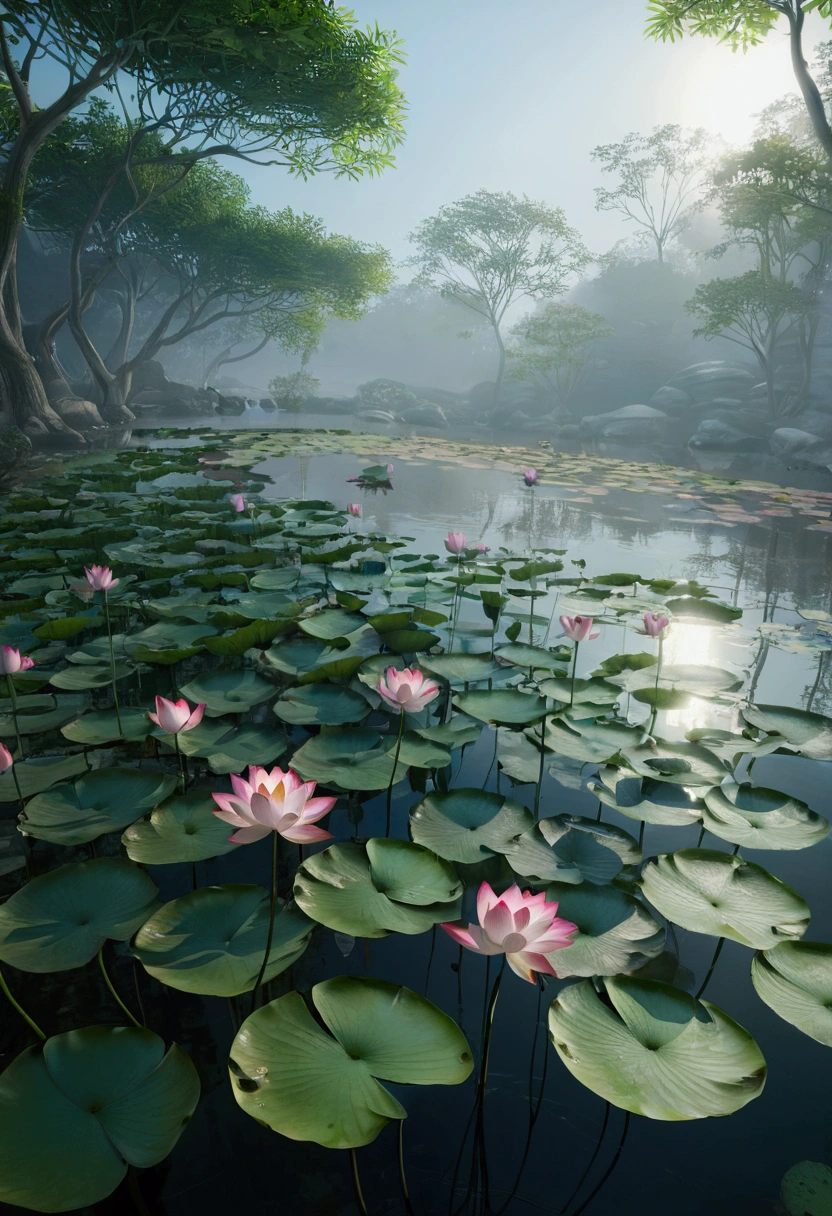 leaf, Multiple lotus flowers, water, Foggy and mysterious,Ray Tracing, Ultra HD, Retina, masterpiece, precise, Super Detail, Anatomically correct, High Detail, high quality, The award-winning, best quality, high resolution, 16K
