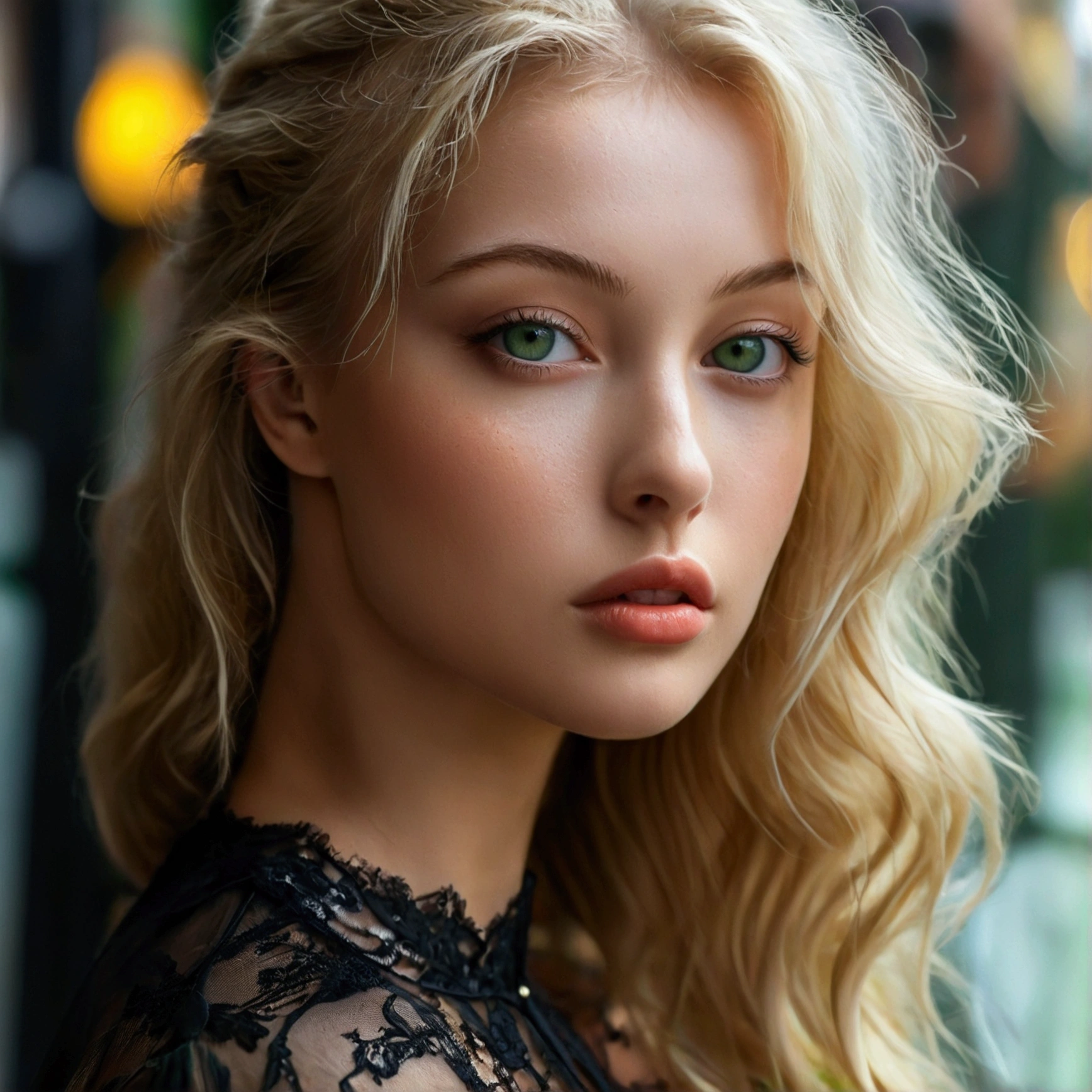 A poised and attractive Polish type woman with captivating green eyes, ressemblant à l&#39;ultra-realist Sophie Mudd.  fille blonde, Elle porte du maquillage naturel, dégage un charme sexy dans une robe courte, blonde hair color and poses in a London setting with a prominent bust.