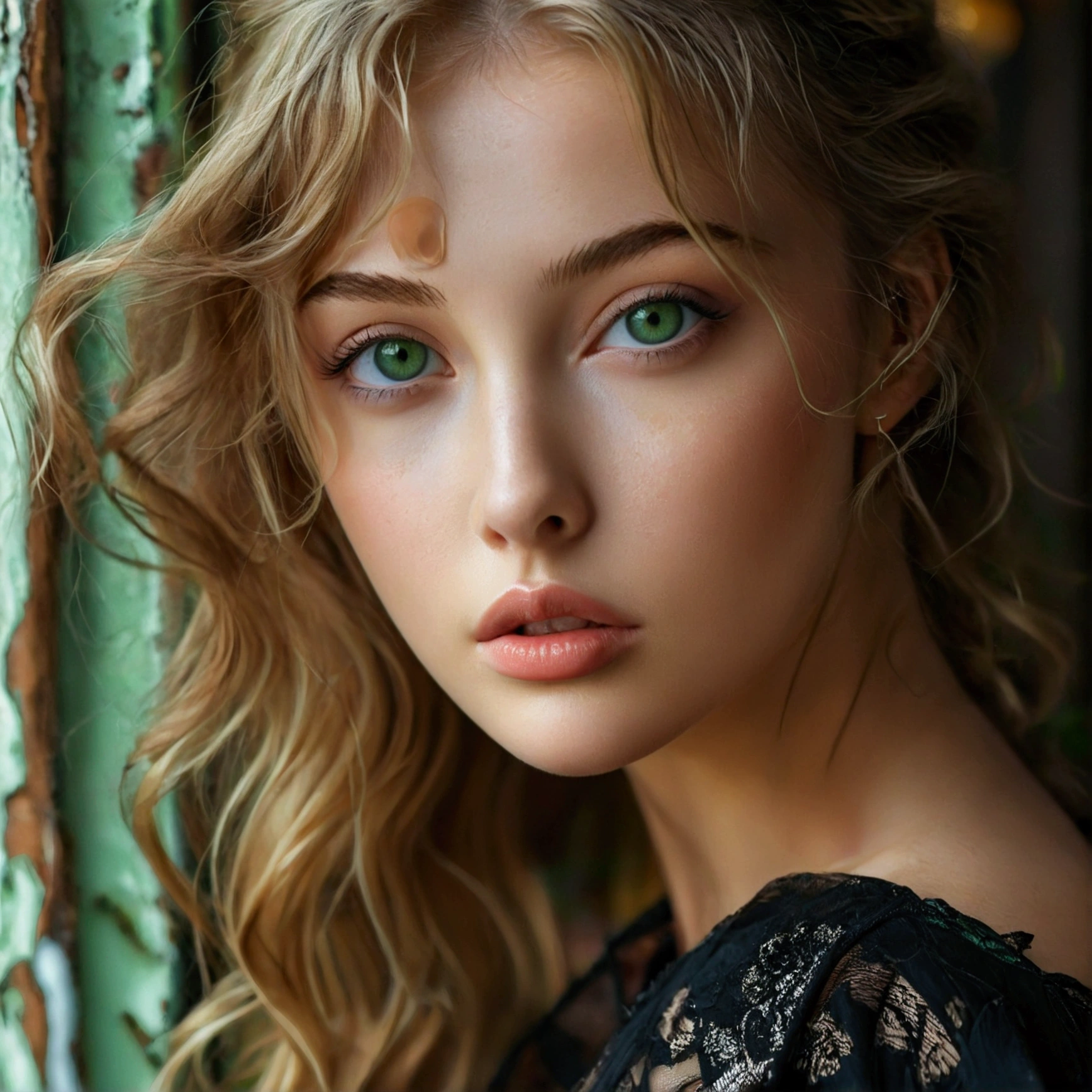 A poised and attractive Polish type woman with captivating green eyes, ressemblant à l'ultra-realist Sophie Mudd. fille blonde, Elle porte du maquillage naturel, dégage un charme sexy dans une robe courte, blonde hair color and poses in a London setting with a prominent bust.