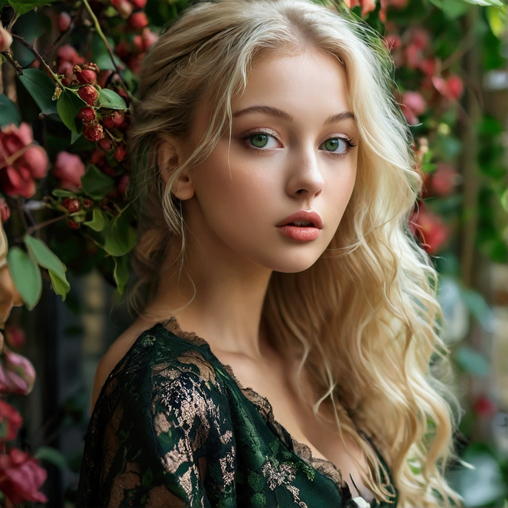 A poised and attractive Polish type woman with captivating green eyes, ressemblant à l'ultra-realist Sophie Mudd. fille blonde, Elle porte du maquillage naturel, dégage un charme sexy dans une robe courte, blonde hair color and poses in a London setting with a prominent bust.