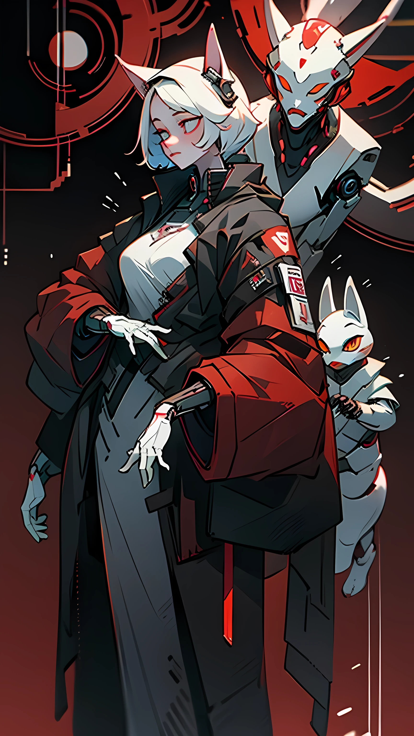 futubot, cyberpunk fox spirit surrounded by robot foxes, bold red and dark white colors 