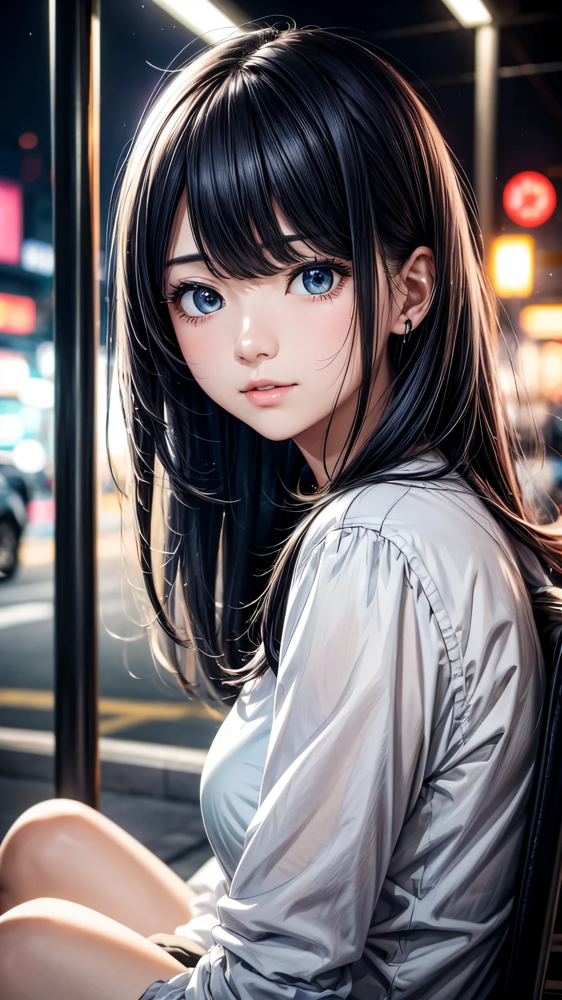 Korean woman sitting on a park bench, night light, city lights, moonlight, 4K at night, Fuji XT3, 8k, Maximum results, Photographed with a Kodak camera, Winning photo, (超Reality主義:1.5), (best quality:1.5), Reality, Delicate skin texture, masterpiece, (Reality:1.4), original photo,  perfect shade, Reality主義, photography,facial detail texture, Delicate lip texture, Detail ears, Attention to detail, dark blue hair, Blue and purple eyes, Akane Kurokawa, Depth of Field,