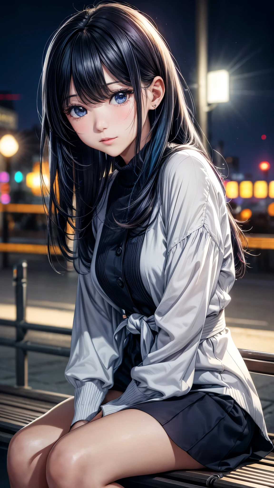 Korean woman sitting on a park bench, night light, city lights, moonlight, 4K at night, Fuji XT3, 8k, Maximum results, Photographed with a Kodak camera, Winning photo, (超Reality主義:1.5), (best quality:1.5), Reality, Delicate skin texture, masterpiece, (Reality:1.4), original photo, perfect shade, Reality主義, photography,facial detail texture, Delicate lip texture, Detail ears, Attention to detail, dark blue hair, Blue and purple eyes, Akane Kurokawa, Depth of Field,