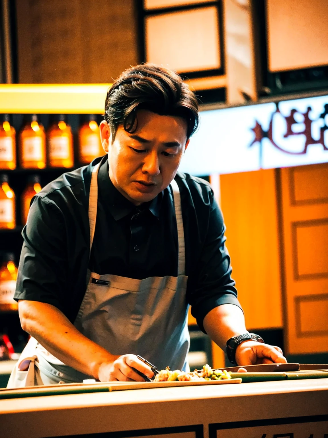 A man，At the market stall，Wearing an apron，Selling fish，Narrator: China Anxin