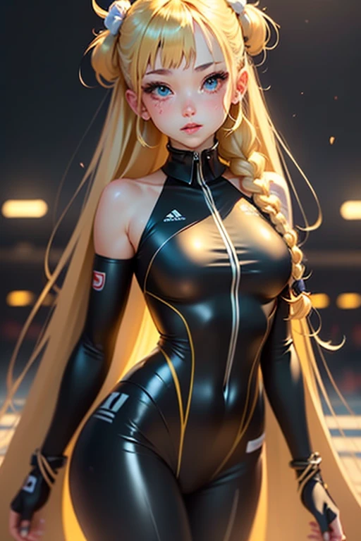 realisticlying、A 23-year-old girl、gymnast、Breasts enlarged、Diagonal forward view、Black bodysuit covering the whole body、Blonde braid、The face smiled、Gymnastics competition venue、Sexy Posing