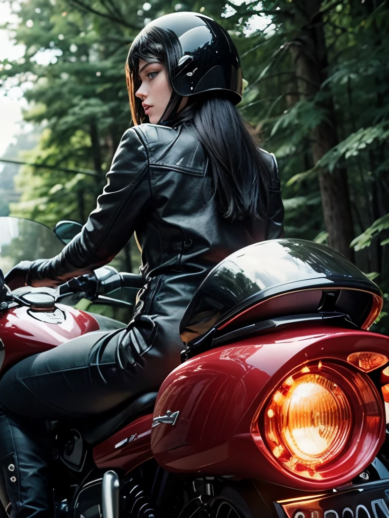 Introducing the bold and captivating figure of Razorgirl., a woman with black hair and ((blue eyes)), AT ITS BEST, riding without fear on the back of an elegant, red Triumph cafe racer motorcycle. The motorcycle body glows in the twilight as red LED lights and taillights illuminate the rear., adding a sense of mystery and allure to your daring journey.. Her helmet protects her flowing., backlit hair while reveling in the thrill of the open road, passing trees silhouetted against the setting sun. Razorgirl&#39;s edgy style is evident in her leather biker gear., reflecting his fearless nature and rebellious spirit. intrinsically