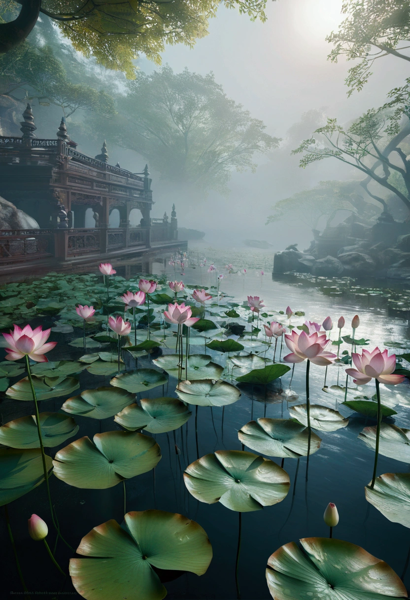 Multiple lotus flowers, water, Foggy and mysterious,Ray Tracing, Realism,Ultra HD, Retina, masterpiece, precise, Super Detail, Anatomically correct, High Detail, high quality, The award-winning, best quality, high resolution, 16K