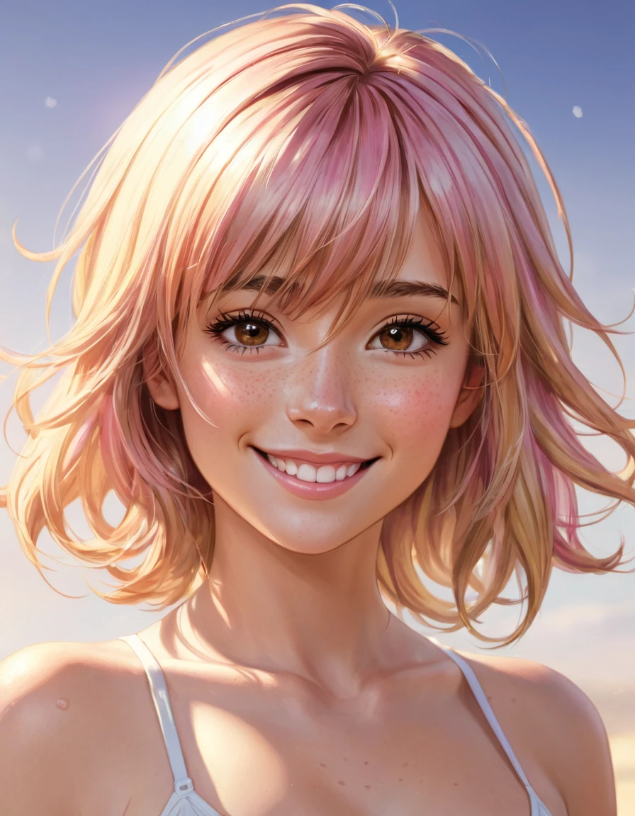 (best quality), 1girl, female, sun kissed skin, blonde hair, medium hair, swept bangs, pink streaked hair, brown eyes, perfect eyes, freckles, , slender, smile, small bust, masterpiece, anatomically correct, highres

