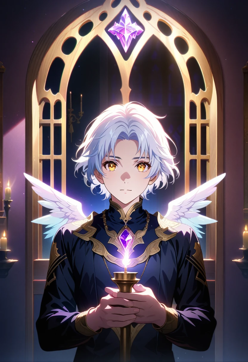 masterpiece, best quality, Detailed eyes, detailed face, Solo, Male, ((man)), 1man, athletic build, Aasimar, short hair, ((White Hair)), golden eyes, ((gold eyes)), black outfit, (Wearing black clothes), Gold Trim, wearing a crystal necklace, (((purple crystal))), wings, white angle wings, ((angle wings)), holding a candle, big window behind character, (light coming from behind window), candles in background, full body portrait, (facing viewer), (extremely detailed CG unity 8k wallpaper), (best quality), (best illustration), (best shadow), absurdres, realistic lighting, Dynamic lighting, beautiful detailed glow,