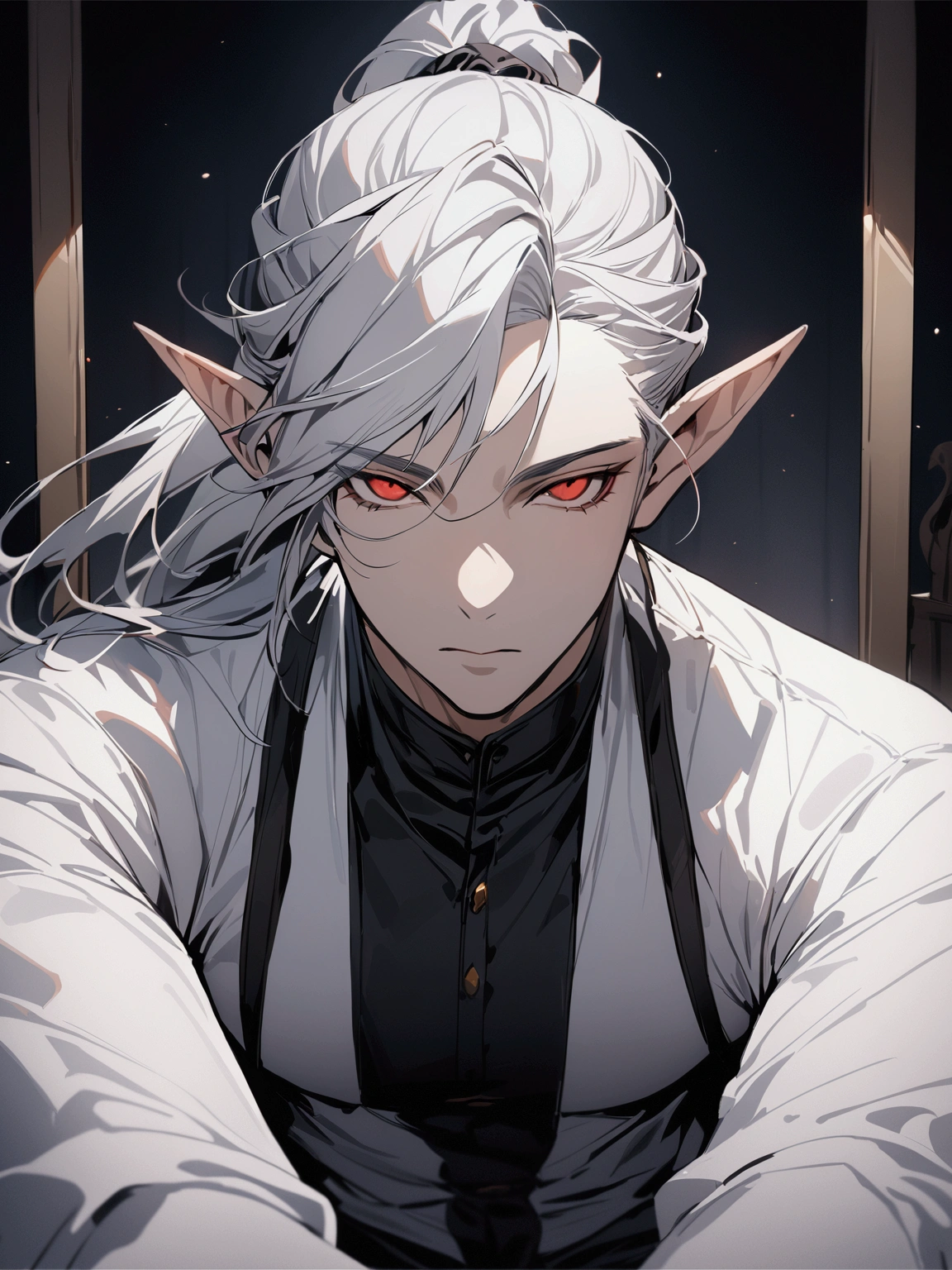 ((masterpiece)), ((best quality)), (from front:1.39), 1man, adult male, mature male, solo, athletic, expressionless, ponytail tied long silver hair, sunken red eyes, pointy elf ears, white shirt with black royal cloak, looking at viewers