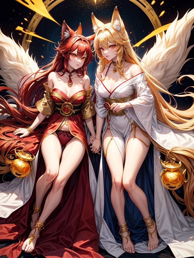 A kitsune, a Yōkai that appears as a beautiful man that can shift into a fox spirit. Heappears as an 18 year old. In his human form, has long, red fox ears and nine golden fox tails has short red hair has one red eye and one golden eye has a small feminine body has canines. He is wearing a white and red robe off shoulders and is wearing a golden bra and black and red stringed panties the strings are being connected by two rubies on each side. Also wearing an anklet.
