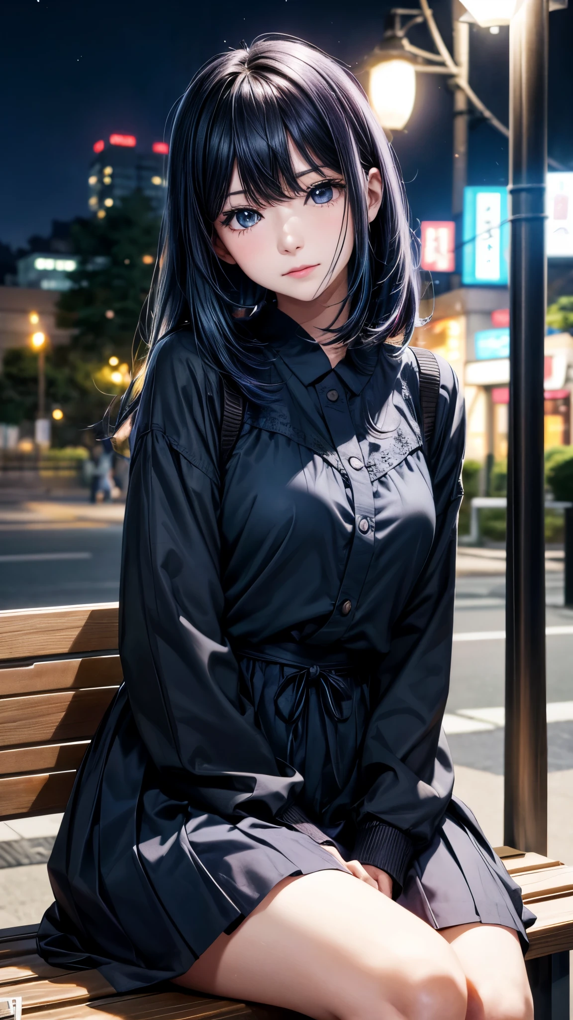 Korean woman sitting on a park bench, night light, city lights, moonlight, 4K at night, Fuji XT3, 8k, Maximum results, Photographed with a Kodak camera, Winning photo, (超Reality主義:1.5), (best quality:1.5), Reality, Delicate skin texture, masterpiece, (Reality:1.4), original photo, perfect shade, Reality主義, photography,facial detail texture, Delicate lip texture, Detail ears, Attention to detail, dark blue hair, Blue and purple eyes, Akane Kurokawa, Depth of Field,