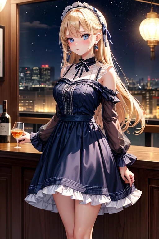 One adult woman,cool,Beauty,blush,Navy blue lolita dress,Long Skirt,straight,long,Blonde,Blue Eyes,Big earrings,I have a whiskey tumbler,night,bar