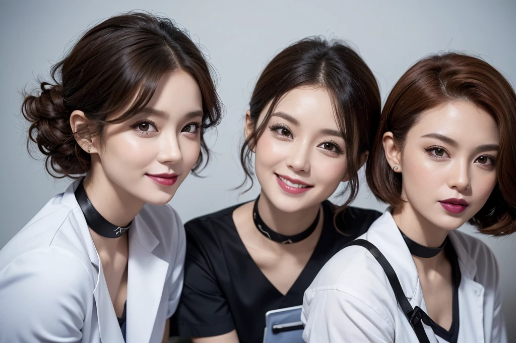 three extremely sexy women who are wives of 4 boy looking at camera, cute smiles, short curly auburn hair, nurse outfits, chokers, black lipstick, portrait, close up to faces