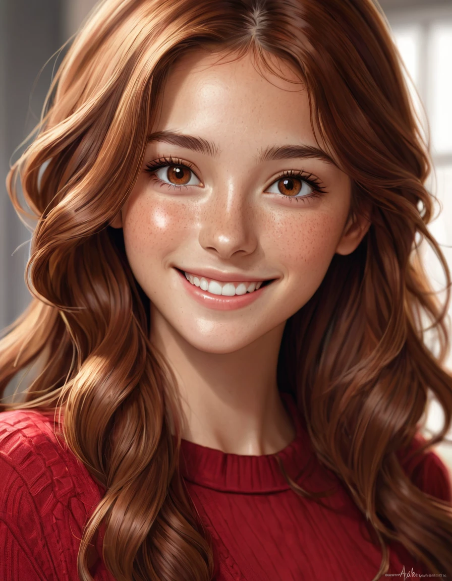 (best quality), 1girl, female, honey toned skin, chestnut hair, long hair, slightly wavy hair, brown eyes, perfect eyes, freckles, red clothes, , slender, small bust, smile, masterpiece, anatomically correct, highres