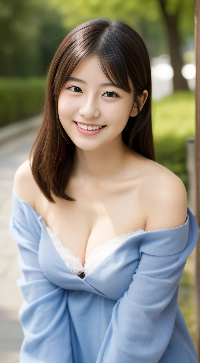 masterpiece,best quality,(Japanese girl),((Beautiful girl)),cleavage,(off shoulder:1.2),(perfect body beauty:1.2),(shy smile),beautiful teeth,From slightly above