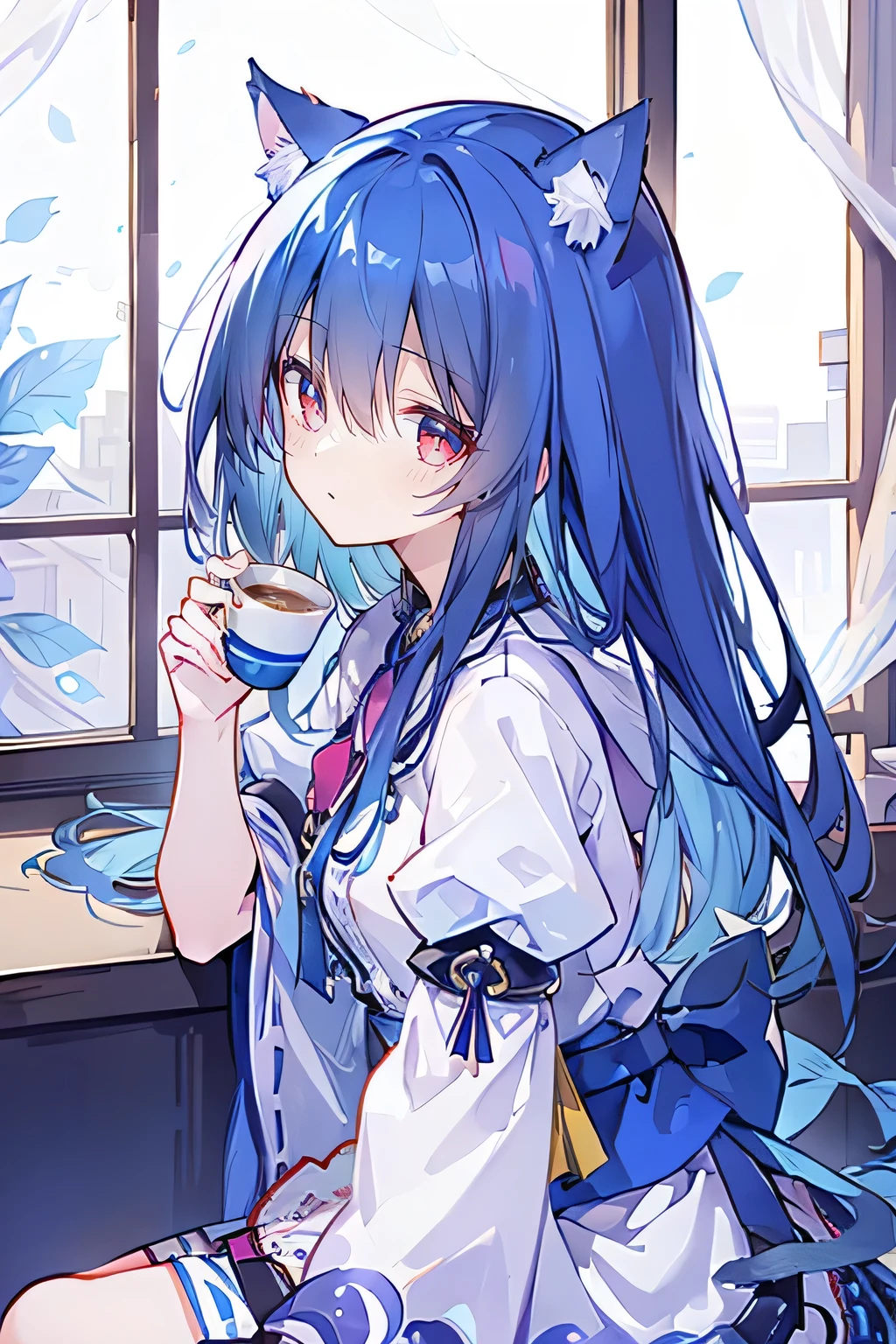 (Masterpiece:1.2),Ultra-detailed,lifelike,The eyes are expressive,Fair skin,Perfect face shape,1 girl,Japanese Manga,Gorgeous blue hair,Flowing blue hair,Flowing clothes,Cat ears,Petals falling,Smile,Tokyo background,background,heavy snow,winter.Highest quality,perfect face,sitting on window sill drinking coffee and looking out the window.
