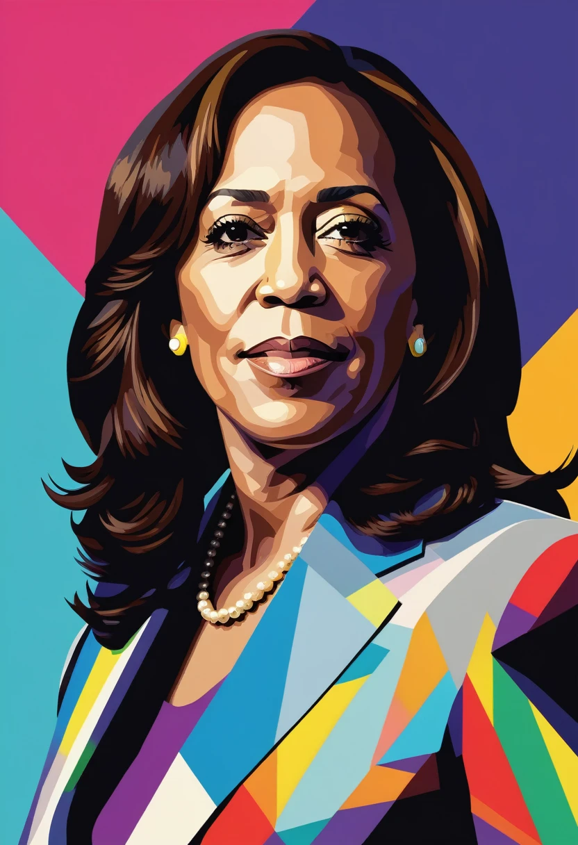 WPAP style, pop art, Kamala Harris, majestic, illustration, geometric