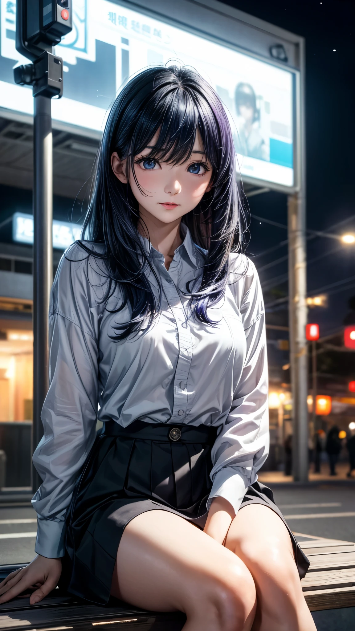 Korean woman sitting on a park bench, night light, city lights, moonlight, 4K at night, Fuji XT3, 8k, Maximum results, Photographed with a Kodak camera, Winning photo, (超Reality主義:1.5), (best quality:1.5), Reality, Delicate skin texture, masterpiece, (Reality:1.4), original photo,  perfect shade, Reality主義, photography,facial detail texture, Delicate lip texture, Detail ears, Attention to detail, dark blue hair, Blue and purple eyes, Akane Kurokawa, Depth of Field,