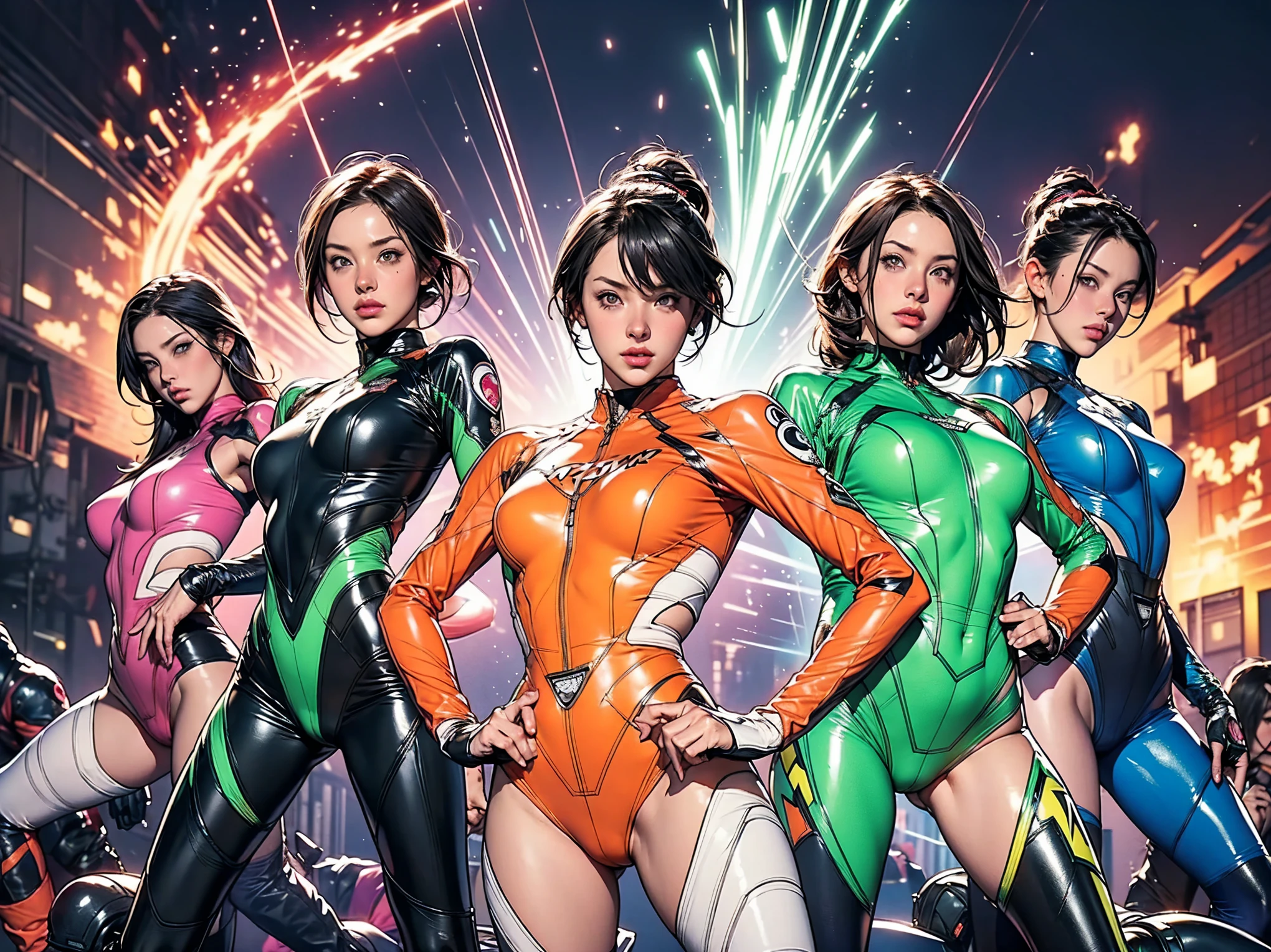 A brave and courageous image of a six-member ranger team, Each one is decorated in vibrant colors.、:: pink, Red is in front of center, violet, green, yellow, Blue Black, white,. Metallic shiny bodysuit, Dynamic poses with backgrounds that exude energy and courage, neon, fire, plasma, fluorescence, shocking, Bomber, Fighting Pose, Action pose, Embodying the essence of the classic Sentai superhero team. Each Ranger:: The clothes are sophisticated and modern, Each color has elements that reflect its theme., Ready for action. ((Camel Toe)), energy light in hands, With the sunset in the background , Cinema Lighting, Cover art mixed movie poster style,