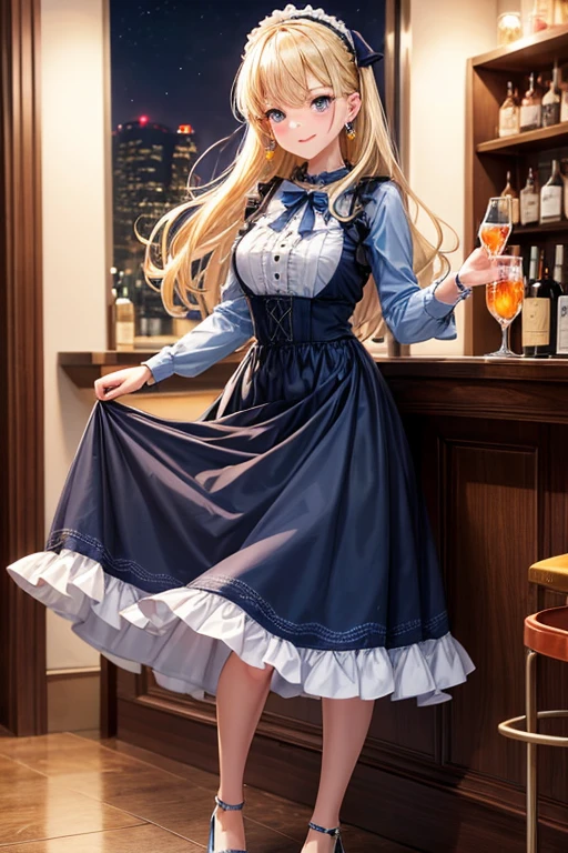 One adult woman,cool,Beauty,smile,blush,Navy blue dress,Long Skirt,straight,long,Blonde,Blue Eyes,Big earrings,Whiskey Tumbler,night,bar,Cheers