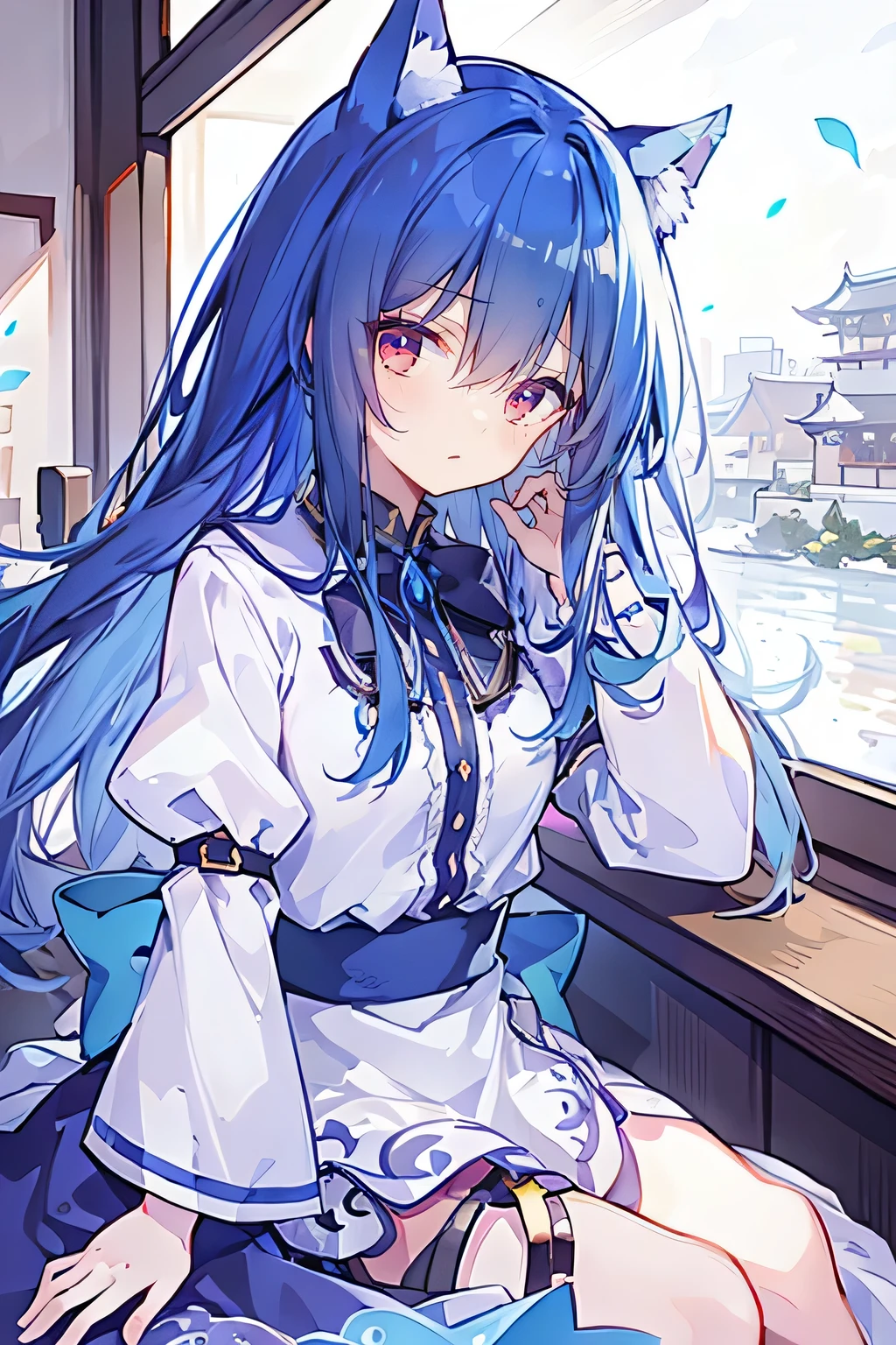 (Masterpiece:1.2),Ultra-detailed,lifelike,The eyes are expressive,Fair skin,Perfect face shape,1 girl,Japanese Manga,Gorgeous blue hair,Flowing blue hair,Flowing clothes,Cat ears,Petals falling,Smile,Tokyo background,background,heavy snow,winter.Highest quality,perfect face,sitting on window sill drinking coffee and looking out the window.