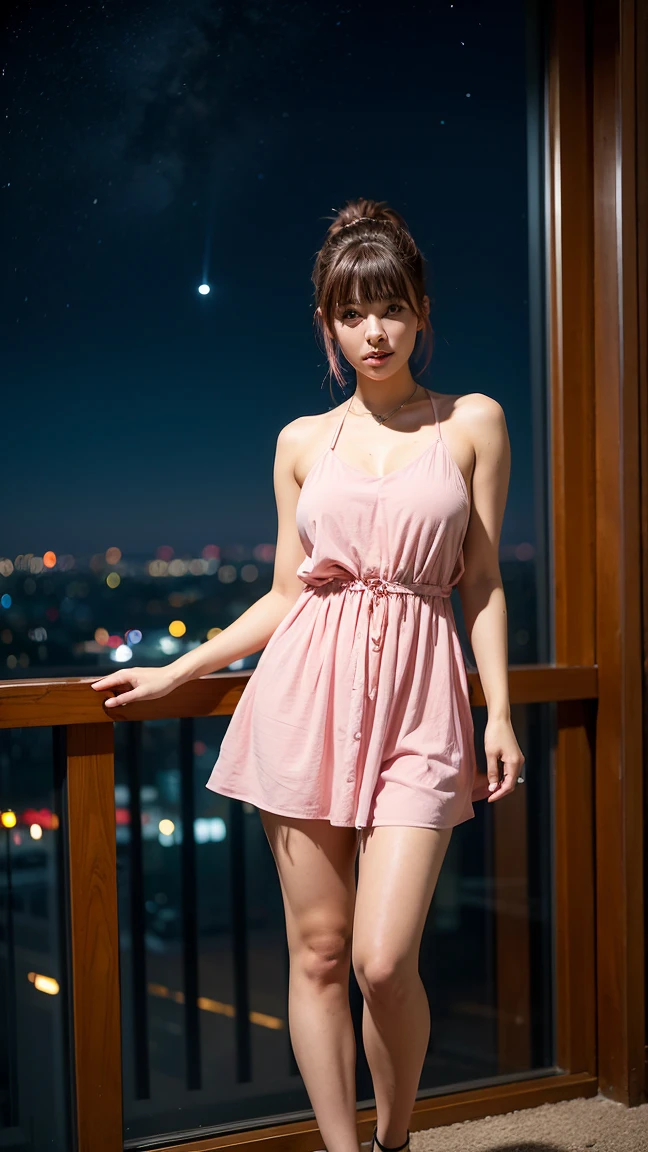 A girl, from below, (full body, standing), Single brown hair ponytail, parted bangs, pink hair, charming eyes, quick style, ponytail, fuller lips, Camisole dress , beautiful skin, big breasts, night, against the background of a spectacular night view, you can see the night view in the distance, original photo, best quality, ultra high resolution, high resolution, masterpiece: 1.3, 8k, professional photography division