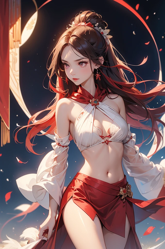 ((best quality)), ((masterpiece)), (detailed), Perfect face,Red and white kimono,The cuffs and lapels of the large sleeves are tied with this red silk scarf,Shrine maiden,Red long hair,Delicate brushstrokes,Soft and smooth long hair,Round forehead,Long eyelashes,Deep rose red eyes,Swan-like neck,Clear butterfly bone,Delicate and soft skin,Exquisite calves,Slender ankles,Slender figure,The downside is that there is a lack of agility between the eyebrows and eyes,belly button,Navel,exposed,beauty,Shoulders,Fair skin,Beautiful clavicle,White arms,beauty的玉足,Slender waist