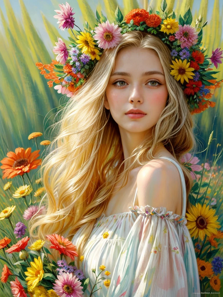 commercial illustration of a woman dressed in flowers with flowers in her hair, in the style of artgerm, vibrant palette knife, franciszek starowieyski, michael malm, captures the essence of nature, sun-kissed palettes, illustration --ar 58:77 --s 750 --style raw , midshot, blonde long hair, eyes on camera