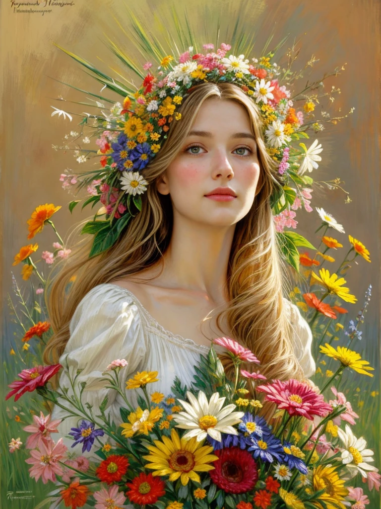 commercial illustration of a woman dressed in flowers with flowers in her hair, in the style of artgerm, vibrant palette knife, franciszek starowieyski, michael malm, captures the essence of nature, sun-kissed palettes, illustration --ar 58:77 --s 750 --style raw , midshot, blonde long hair, eyes on camera